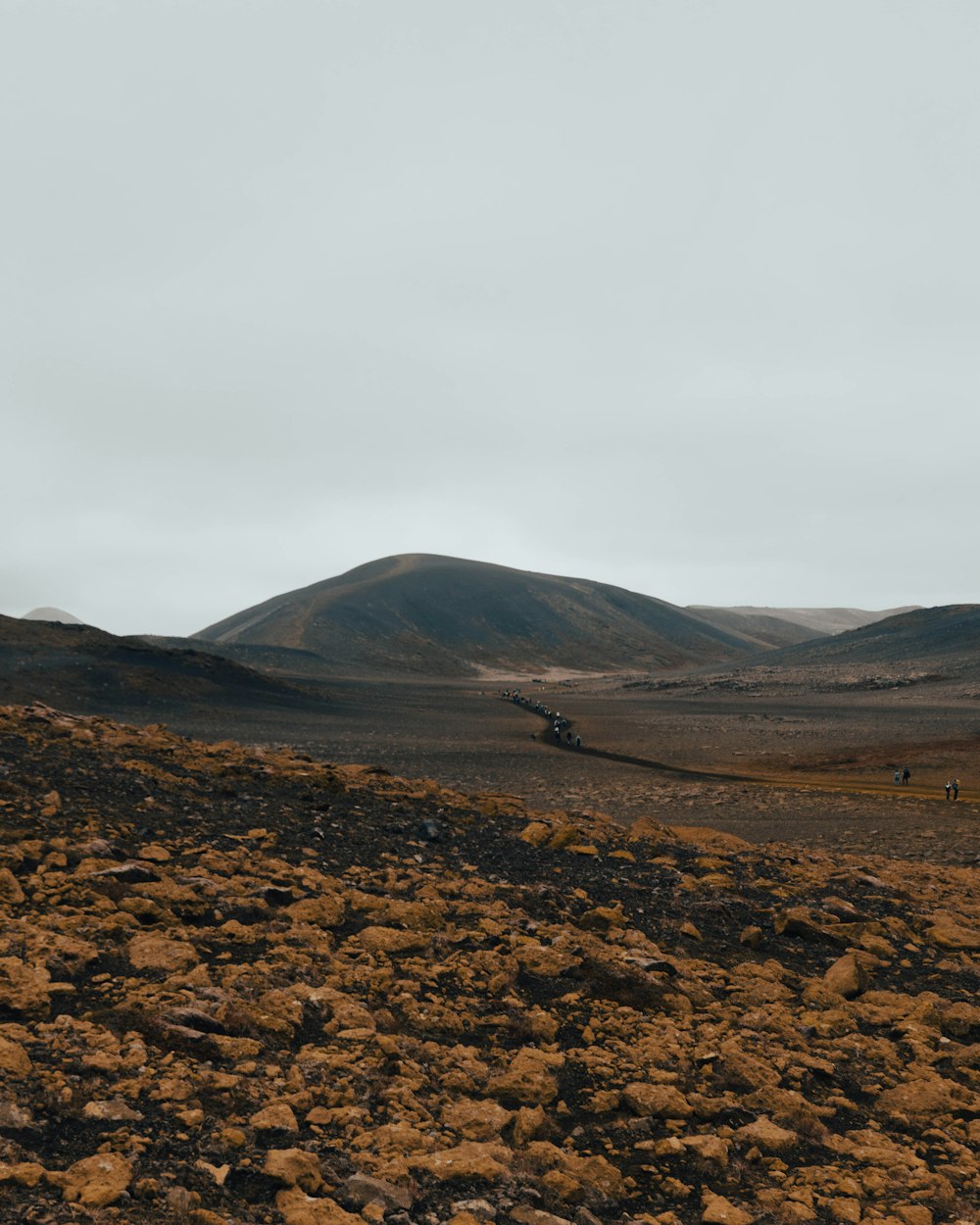 a barren landscape with mountains in the distance