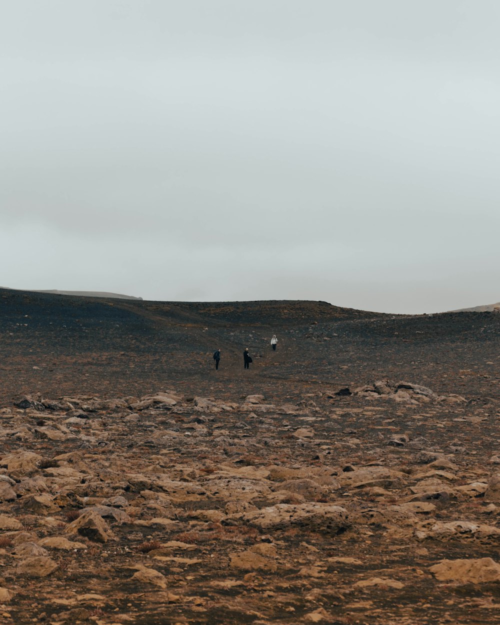 a couple of people standing on top of a dry grass field