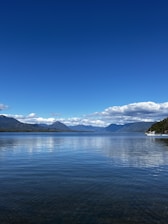 A serene lakeside dock with a boat gently moored, surrounded by lush greenery under a clear blue sky.