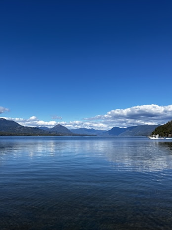 A serene lakeside dock with a boat gently moored, surrounded by lush greenery under a clear blue sky.