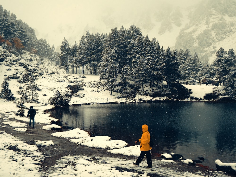 a person in a yellow jacket is standing near a lake