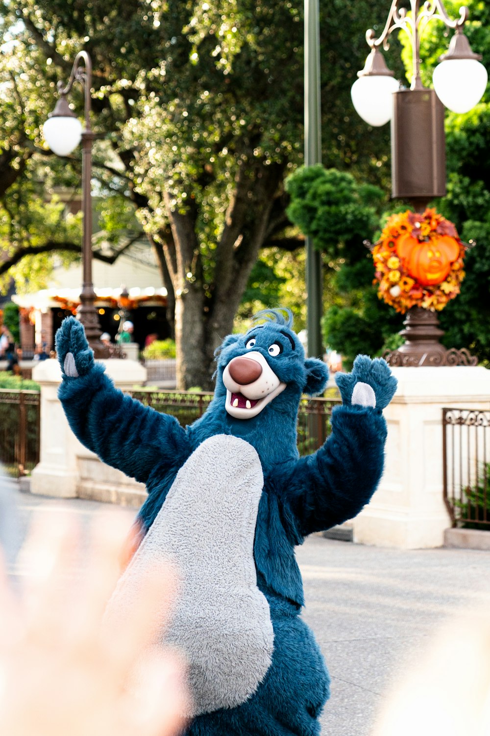 a person dressed in a blue bear costume