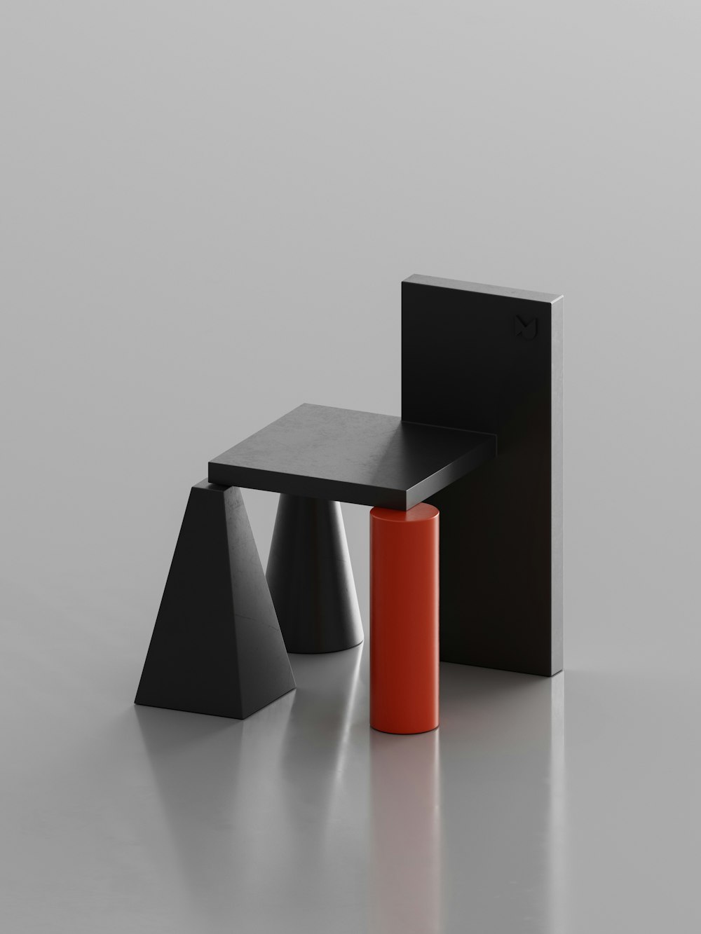 a black table and two orange stools