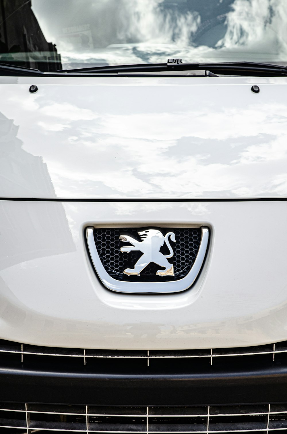 the front grille of a white car with a lion emblem