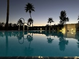 Close-up of a sparkling blue pool surface reflecting palm trees and a soft sky-blue accent lighting at dusk.