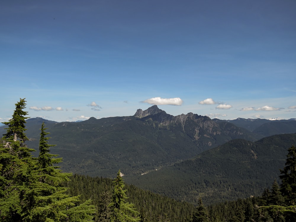 a view of a mountain range with trees and mountains in the background