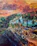A close-up of a colorful African landscape painting with intricate details.