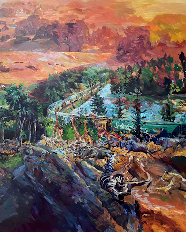 A vibrant, impressionistic painting depicting a lush landscape with a flowing river bordered by tall trees. In the foreground, several animals including zebras and giraffes are present, seemingly in motion across the rocky terrain. The background consists of rolling hills and vivid orange and red hues of a sunset.