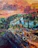 A close-up of a colorful African landscape painting with intricate details.