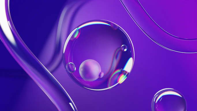 A sleek neon-lit glass panel with floating violet spheres reflecting softly in the background.