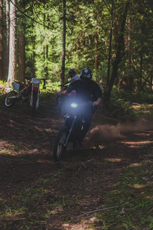A rugged dirt bike kicking up dust on a forest trail under bright sunlight.