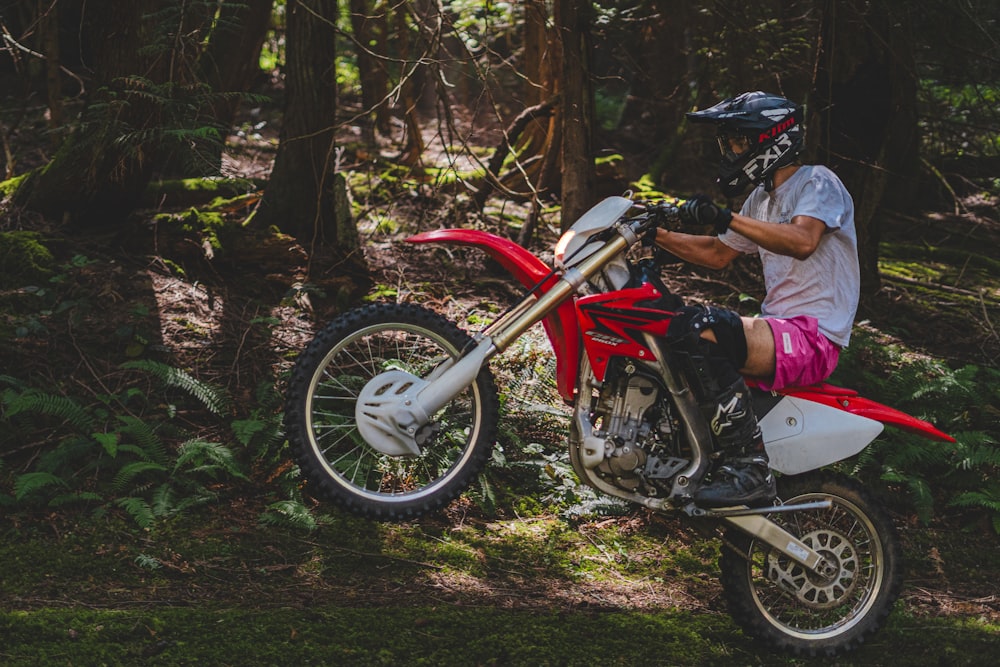 a person on a dirt bike in the woods