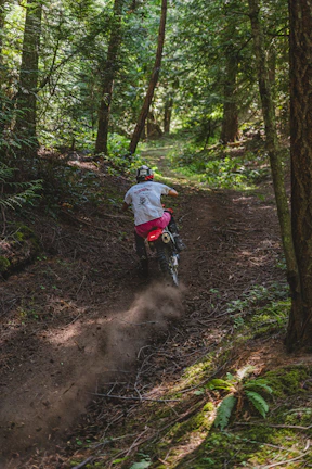 A rider on a dirt bike navigating a forest trail with sunlight filtering through trees.