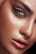 A close-up of a person's face, highlighting a single eye with dramatic makeup. The skin glistens with moisture, showing droplets and a dewy complexion. The makeup consists of bold, dark eyeshadow and thick, defined eyebrows.