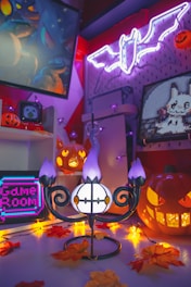 A warmly lit haunted garage entrance decorated with creepy cobwebs and friendly ghost figures.