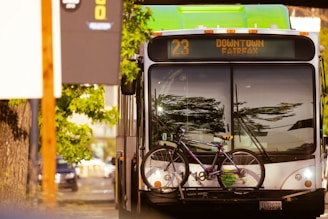 A public bus with route number 23 displayed is parked with a purple bicycle mounted on the front rack. It is surrounded by leafy green trees on a sunny day, reflecting downtime in a suburban area.
