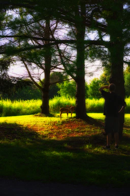 A serene forest scene with a rescued wild animal being gently cared for by a compassionate volunteer.