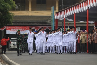 Players marching in sync during a ceremonial parade within the GGRP game.