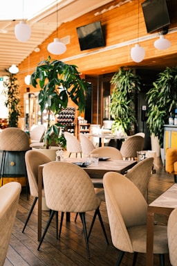 A cozy, well-furnished indoor dining area featuring cushioned chairs around wooden tables. Large green plants add a touch of nature, while contemporary light fixtures and wooden paneling create a warm ambiance. There are multiple flat-screen televisions mounted on the walls.
