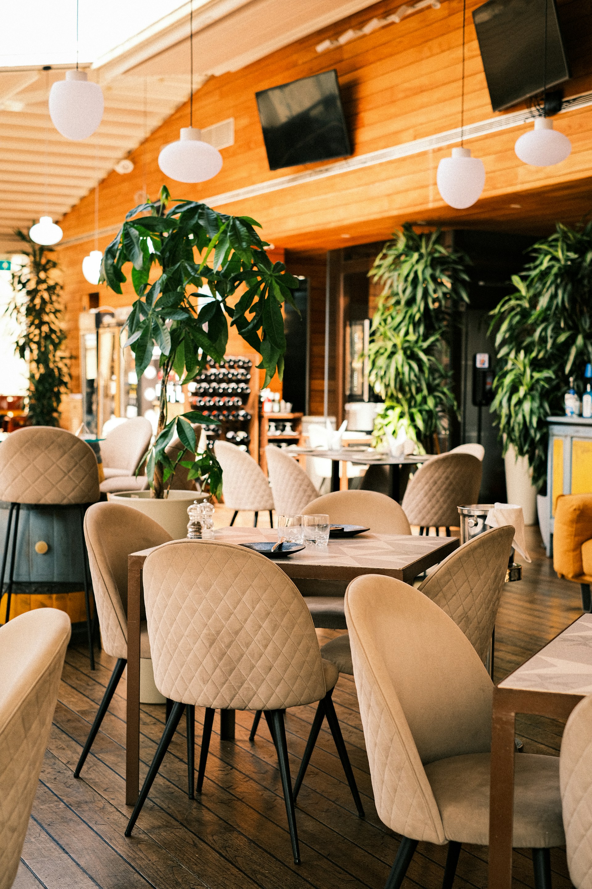 An inviting dining area at Grills n Gains, featuring modern decor and a cozy atmosphere for gym goers.