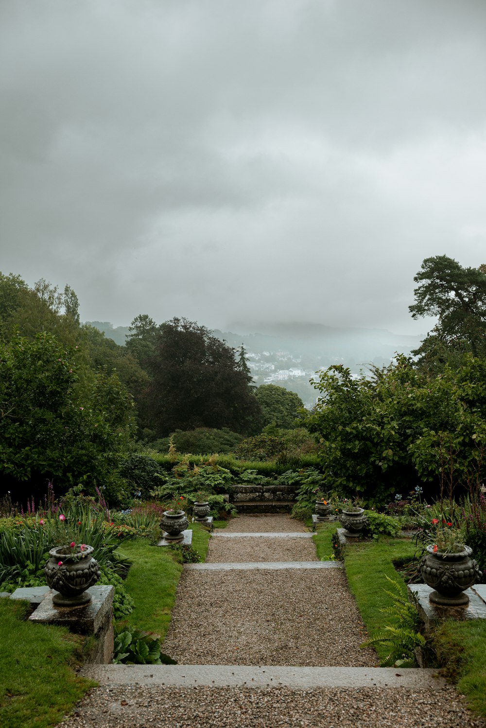 a pathway leading to a lush green garden