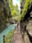 A narrow path runs alongside a turquoise river, bordered by high rocky cliffs covered with greenery. A person wearing a backpack stands observing the scenery, surrounded by lush vegetation and vibrant, overhanging trees.