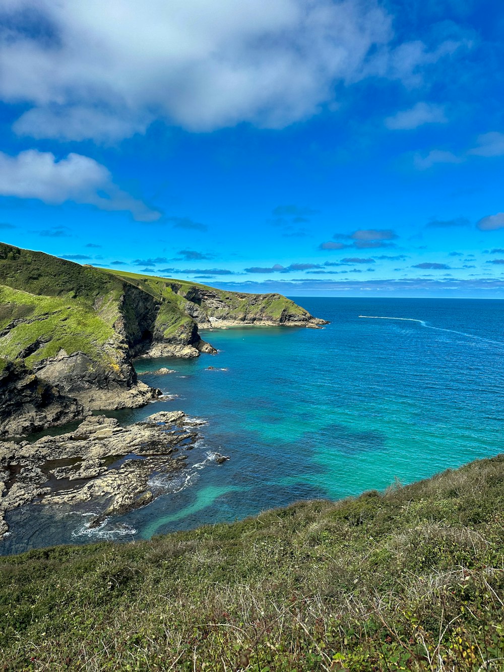 a view of the ocean from the top of a hill