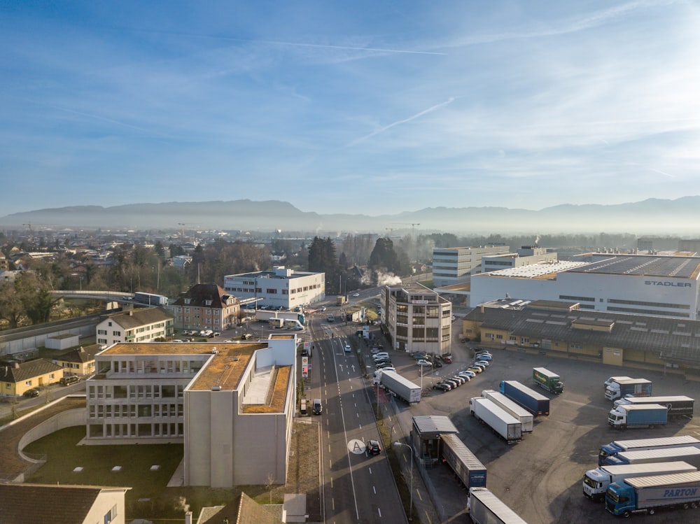 a view of a city with a lot of buses