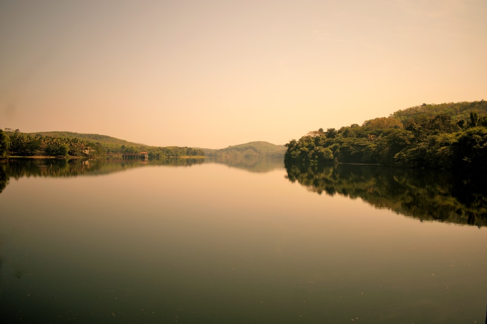 a body of water surrounded by trees and hills