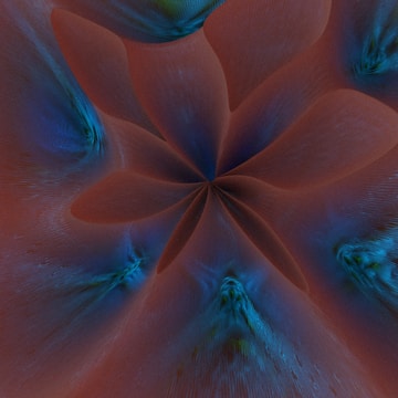 An abstract digital artwork with a symmetrical pattern featuring petal-like shapes converging at the center. The design blends smooth, flowing lines in an organic arrangement with a mix of warm and cool tones.