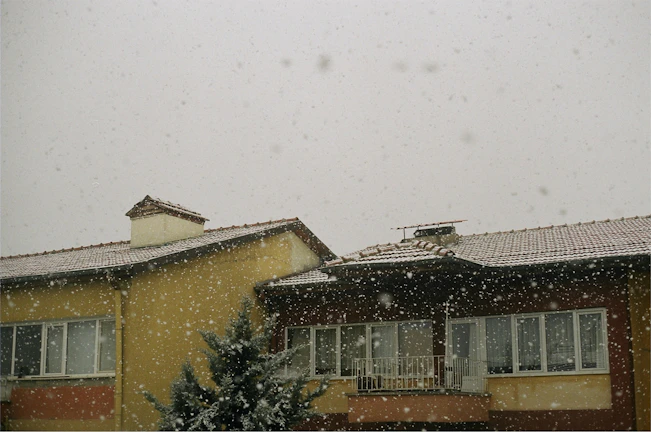 A residential building with a snow-covered roof. Snowflakes are falling against a gray winter sky. The facade is painted yellow and brown, and a tree is partly visible in front of the building.