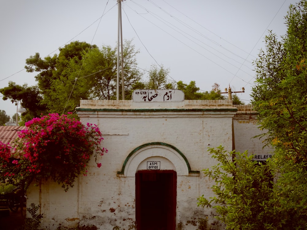 a white building with a red door surrounded by trees