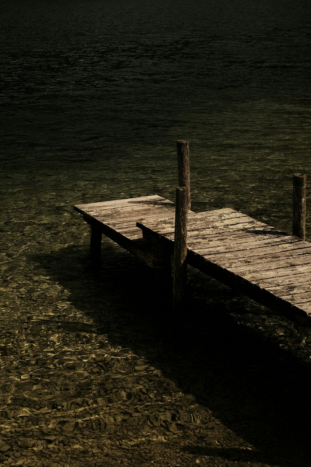 a wooden dock sitting on top of a body of water