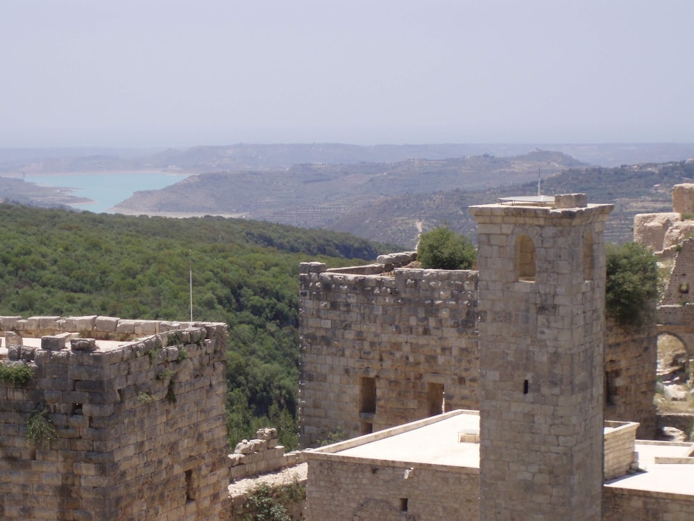 a view of a castle overlooking a body of water