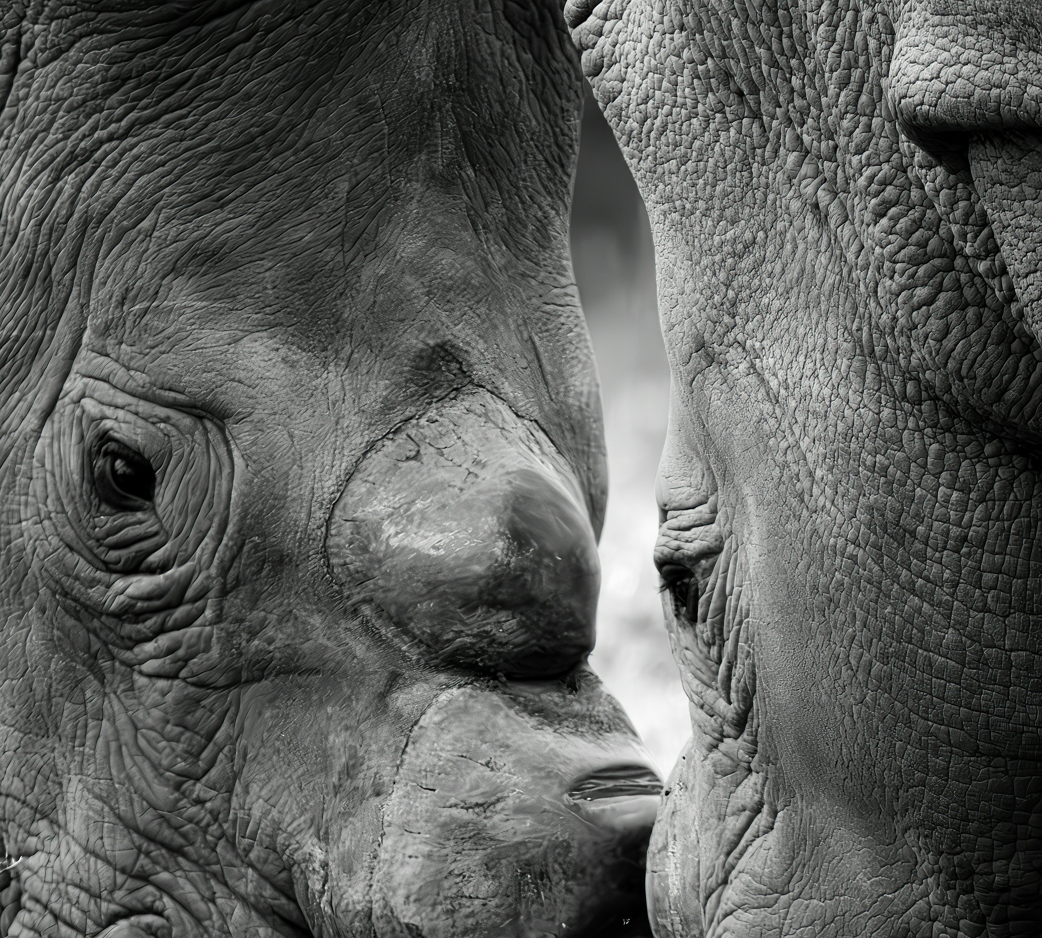 a close up of two rhinos face to face