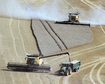 Two large agricultural machines are working in a vast, open field of grain. A combine harvester is in the process of collecting the crop, while another vehicle, possibly a tractor with a trailer, receives the harvested grain through a long chute. The arrangement of the field and the patterns created by the machinery are visible on the ground.