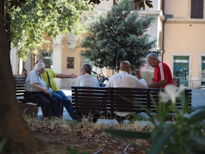 A group of older men are sitting on a park bench, engaged in conversation. The setting is a public square with some trees providing shade. An archway of a building is visible in the background, along with a green tree and some blurred foliage in the foreground.