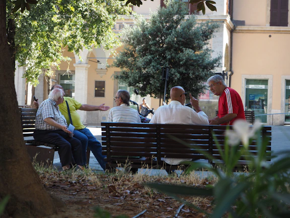 Elders sharing stories in a circle under the shade of a large tree in an urban neighborhood.
