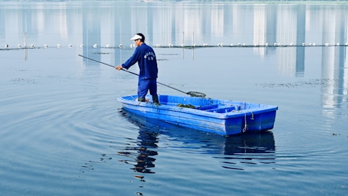 A person is standing on a small blue boat in calm water, wearing a blue uniform and a white cap. They are holding a long pole and appear to be performing some task related to maintaining or cleaning the water. A line of birds, possibly seagulls, is seen perched on posts in the distance, with tall buildings reflecting on the water's surface in the background.