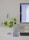 A minimalist workspace setup is shown with a desktop computer on the right side, featuring a sleek monitor displaying a blurred web interface. In the center, a compact, silver computer tower is placed next to a small, low-maintenance plant with variegated leaves. In the foreground, a smartphone is laid flat on the desk alongside a touchpad and a small round metal container.