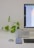 A minimalist workspace setup is shown with a desktop computer on the right side, featuring a sleek monitor displaying a blurred web interface. In the center, a compact, silver computer tower is placed next to a small, low-maintenance plant with variegated leaves. In the foreground, a smartphone is laid flat on the desk alongside a touchpad and a small round metal container.