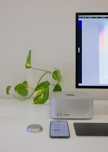 A minimalist workspace setup is shown with a desktop computer on the right side, featuring a sleek monitor displaying a blurred web interface. In the center, a compact, silver computer tower is placed next to a small, low-maintenance plant with variegated leaves. In the foreground, a smartphone is laid flat on the desk alongside a touchpad and a small round metal container.