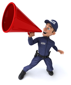 A cartoon police officer in a blue uniform is holding a large red megaphone to his mouth, appearing to shout or make an announcement. The officer has a cap with 'POLICE' written on it, wide-eyed expression, and his other hand is extended outward.