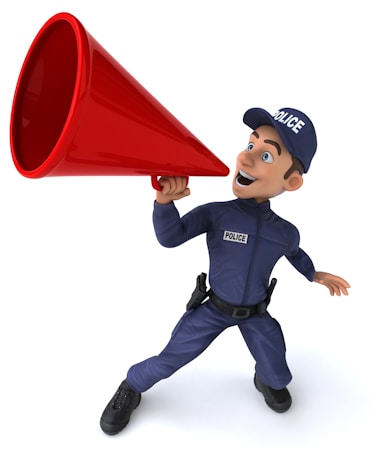 A cartoon police officer in a blue uniform is holding a large red megaphone to his mouth, appearing to shout or make an announcement. The officer has a cap with 'POLICE' written on it, wide-eyed expression, and his other hand is extended outward.