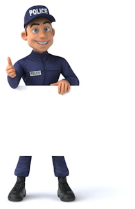 A friendly police officer smiling while using a laptop to apply for an online loan on a clean, modern website.