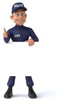 A cartoon police officer giving a thumbs-up, wearing a blue uniform with a cap labelled 'POLICE'. The officer is smiling, and the lower part of the image is left blank. The background is white, providing contrast to the character.