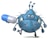 An anthropomorphic cartoon germ character with a blue body, exaggerated facial features, and orange spots, humorously depicted holding a large blue and white capsule pill.