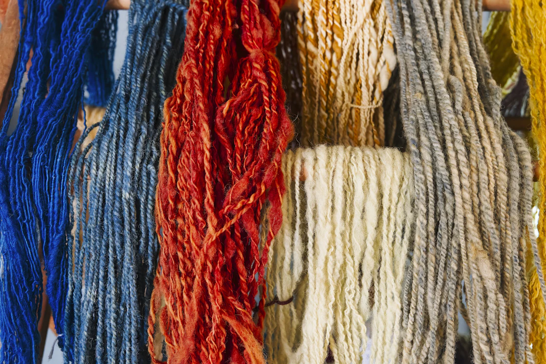 Skeins of dyed yarn in blue, rust and cream hang side by side to dry in the sun.