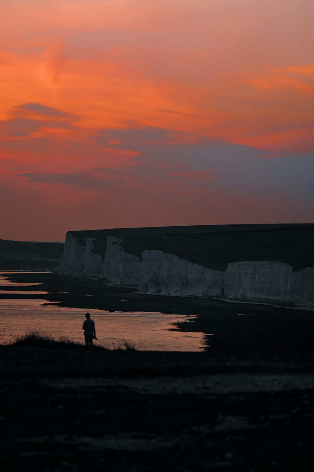 a person standing on a beach next to a body of water