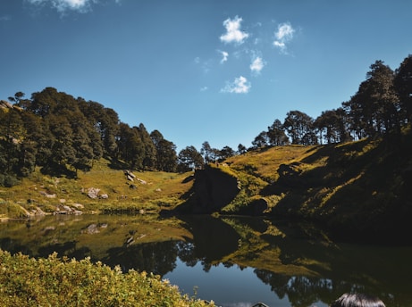 A serene landscape with a calm lake reflecting the sky, surrounded by lush greenery and gentle hills.